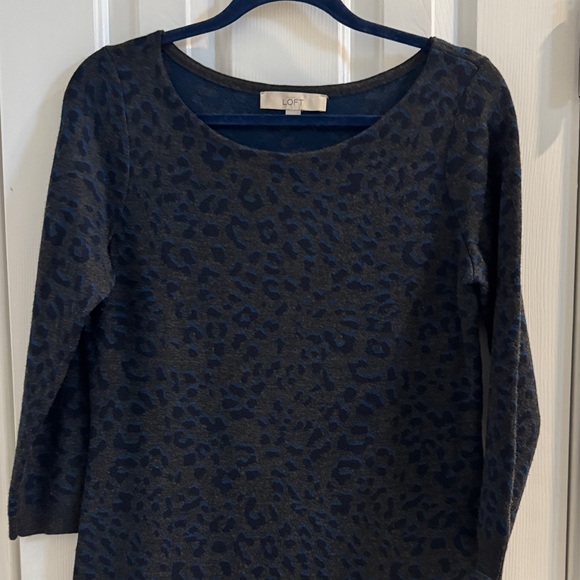 LOFT Dresses & Skirts - LOFT Charcoal, Navy & Blue Leopard Print Sweater Dress w/ Gray Trim